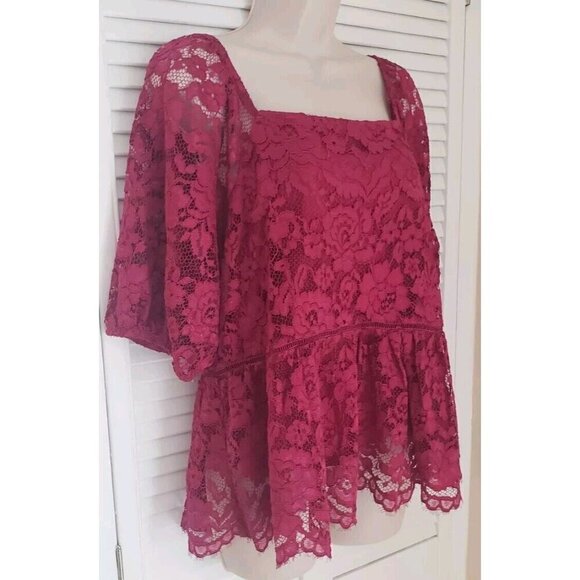 NWT $78 NANETTE LEPORE RASPBERRY LACE PEPLUM LINED BACK ZIPPER TOP BLOUSE SZ L - Picture 3 of 11